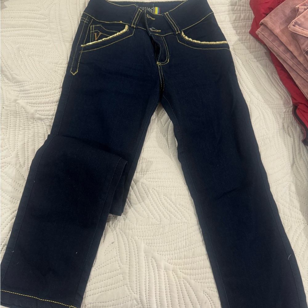 Dark Blue Jeans with Yellow Stitching